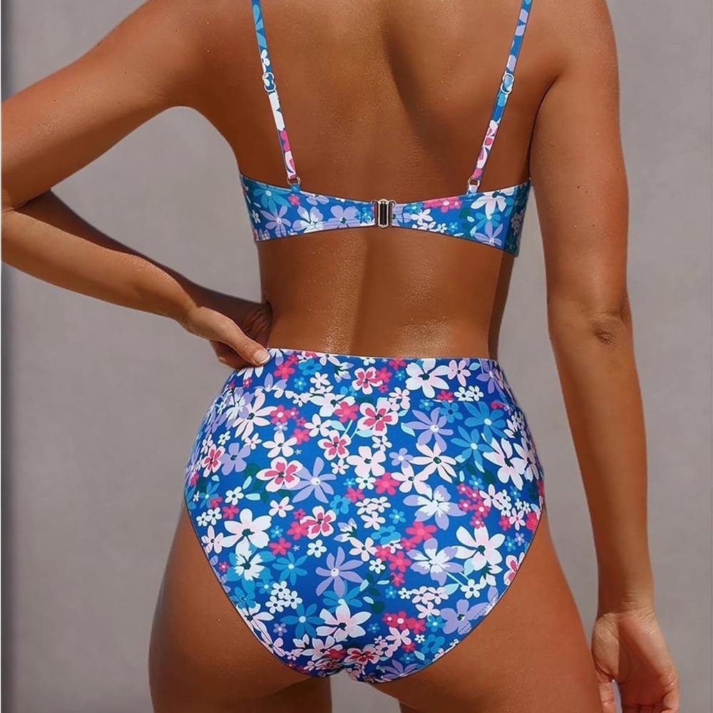 Blue and Pink Bikini Set Sporty Bandeau High-Waisted - Picture 6 of 9